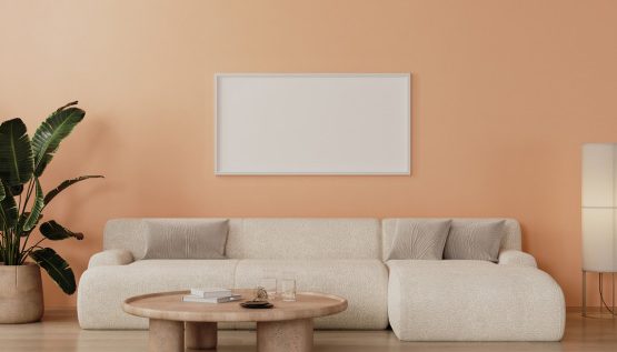 Wohnzimmer mit einer Wand in der Trendfarbe Peach Fuzz