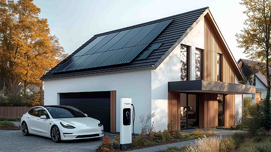 Haut mit Photovoltaikanlage auf dem Dach und Auto an einer E-Ladesäule vor der Tür