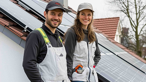 Zwei handwerkliche Personen auf einem Dach vor einer Photovoltaikanlage