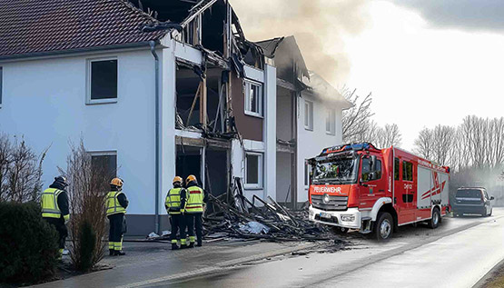 Feuerwehr bei Löscharbeiten an einem Mehrfamilienhaus