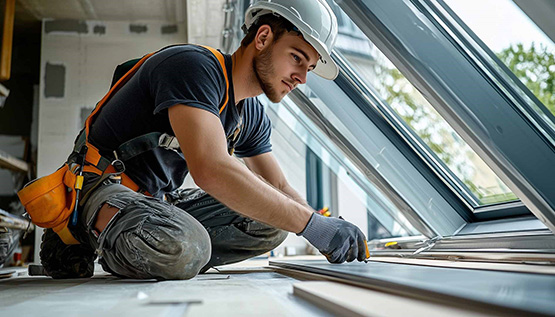 Handwerker verlegt Boden