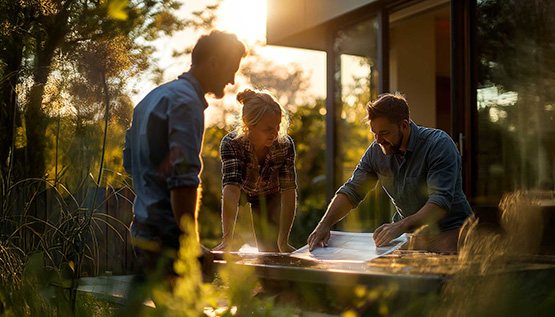 Drei Personen besprechen einen Haus-Anbau