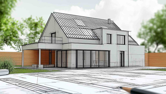 Skizze zeigt geplanten Anbau an ein bestehendes Haus