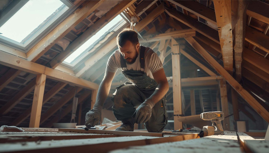 Handwerker bei Rückbau eines Dachbodens