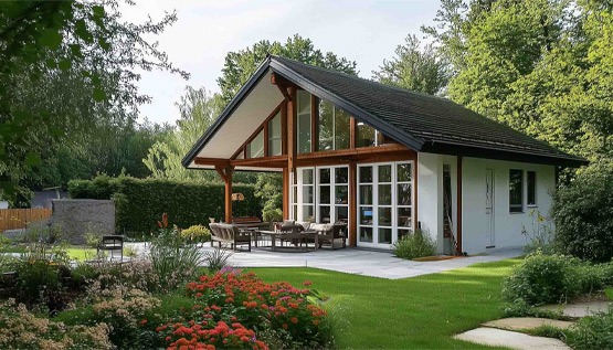 Neues Fachwerkhaus in großem Garten