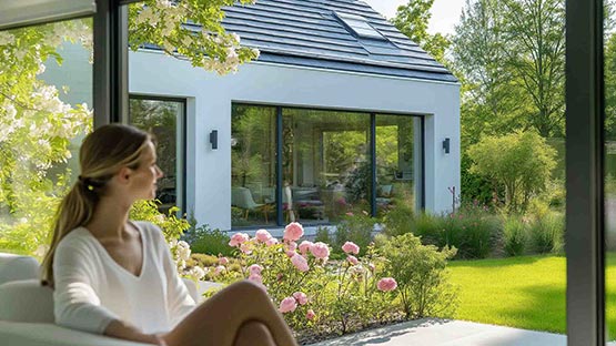 Frau schaut durch große, bodentiefe Fenster in den Garten