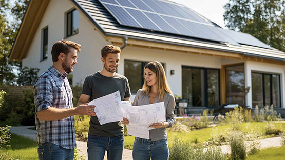 Zwei Männer und eine Frau mit Bauplänen vor Haus mit Solaranlagen