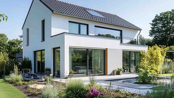 Weißer Neubau mit großen, bodentiefen Fenstern