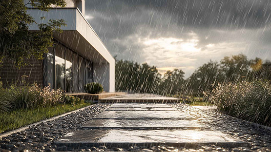 Versickerungsmulde mit Wegplatten im Regen