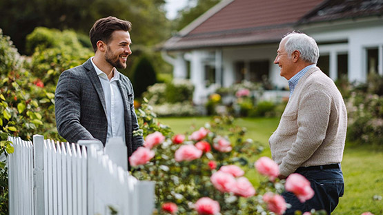 Zwei Männer, einer jünger, der andere älter, unterhalten sich freundlich über einen Gartenzaun hinweg. Im Hintergrund ein gemeinsames Wohnhaus, das für das Leben im Mehrgenerationenhaus steht