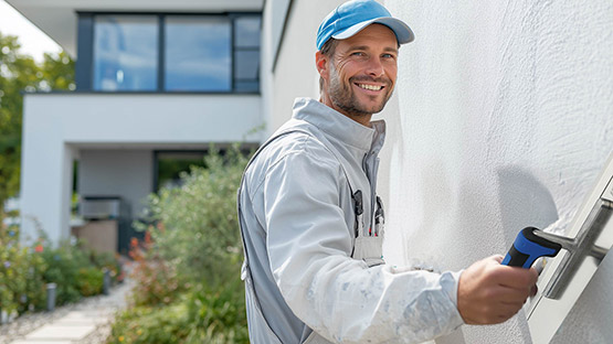 Handwerker bringt mit einem Spachtel Kalkputz an Wand an