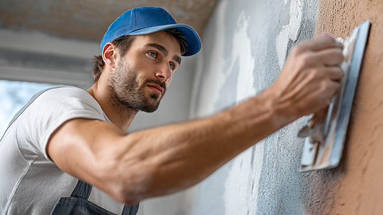 Handwerker bringt mit einem Spachtel Lehmputz an Hauswand an