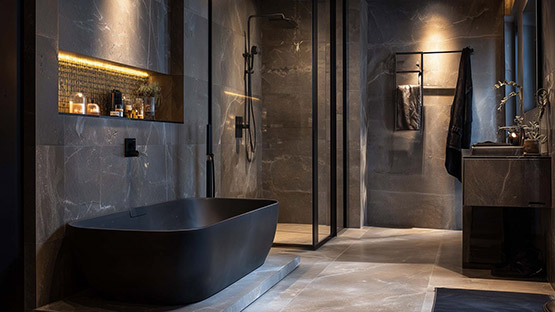 Modernes Badezimmer mit dunkelgrauem Kalkputz