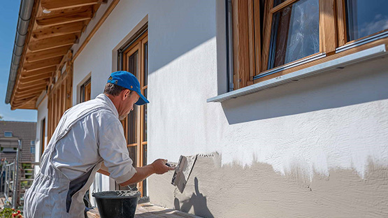 Handwerker vor teilweise verputzter Wand