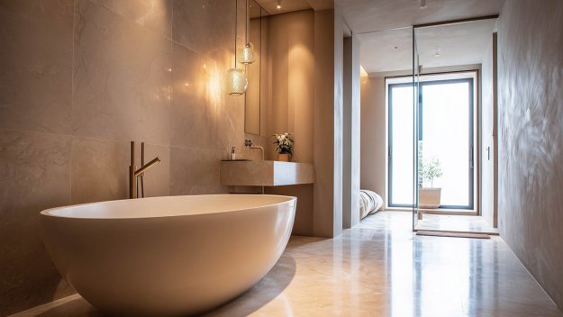 Badezimmer mit beigem Kalkputz und freistehender Badewanne