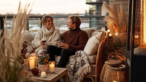 Eine Frau und ein Mann sitzen auf einem gemütlichen Balkon und trinken Glühwein