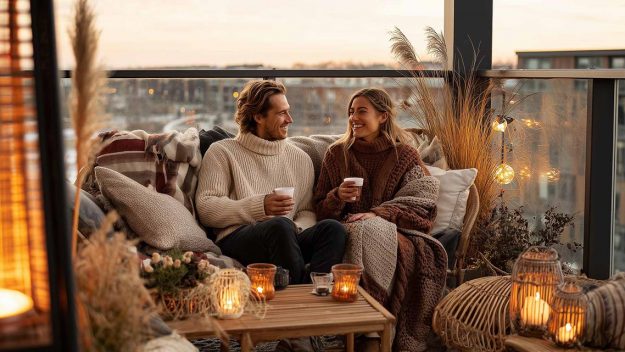 Ein Mann und eine Frau tragen dicke Strickpullover und sitzen auf einem gemütlich eingerichteten Balkon