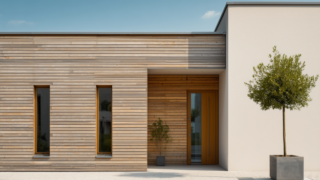 Der Eingang eines modernen Bungalows mit Holzfassade