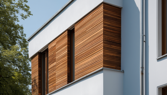 Am ersten Stock eines weißen Gebäudes ist ein Teil der Fassade mit Holz verkleidet