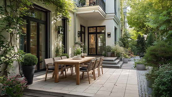 Terrasse mit hellem, modernen Fliesenboden in üppigem Garten