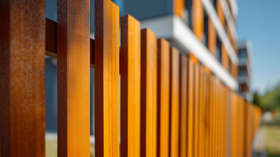 Nahaufnahme eines orange-braunen Holzzauns