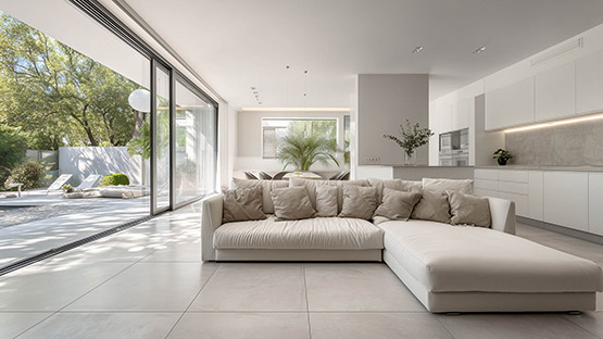 Modernes Wohnzimmer mit großer Couch, bodentiefer Fensterfront und XXL-Fliesen auf dem Boden.