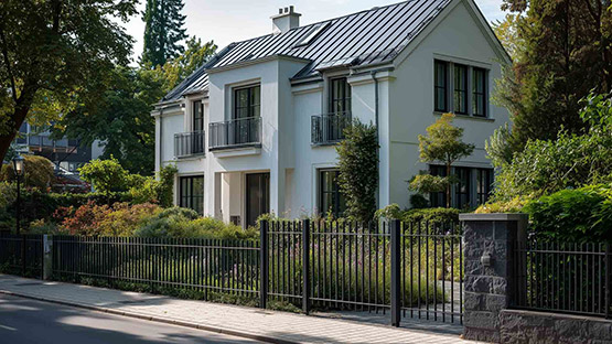Sichtschutz-Kombination mit dunklen Steinmauern und schwarzem Metall-Zaun
