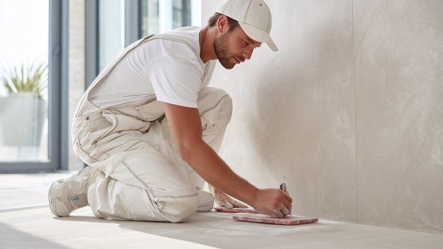 Handwerker kniet auf dem Boden und installiert Fliesenboden