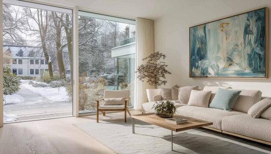 Modernes Wohnzimmer mit großer Fensterfront zu verschneitem Garten.