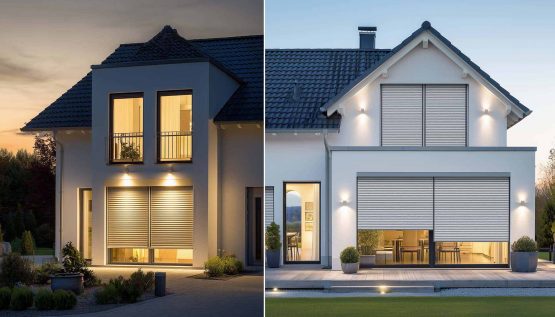 Zweigeteiltes Bild; ein Haus mit Jalousien als Sonnenschutz bei Nacht und Tag.