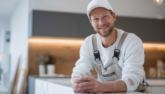 Handwerker in Arbeitskleidung lächelt.