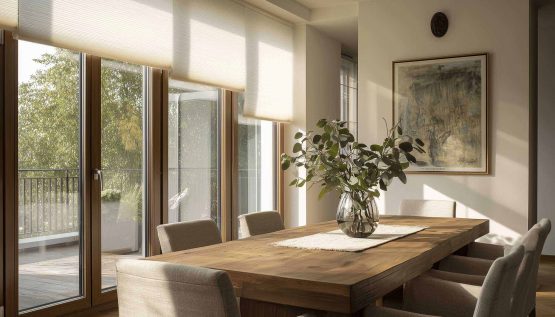 Helles Esszimmer mit großer Terrassentür und passendem Sichtschutz.