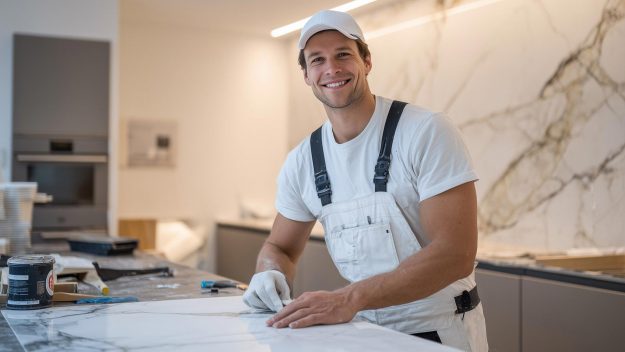Bauarbeiter bearbeitet Marmorplatte und lächelt in die Kamera.