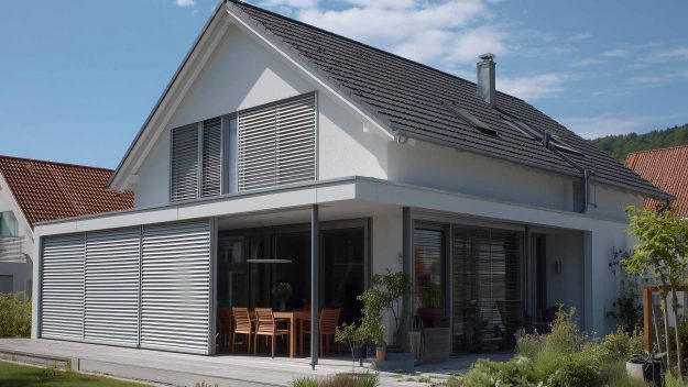 Modernes Einfamilienhaus mit Sichtschutz an Fenstern und Terrasse.