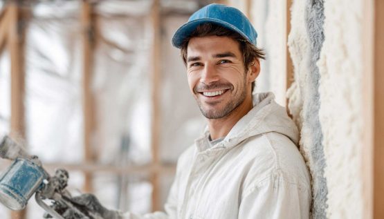 Fröhlicher Handwerker bei Bauarbeiten am Haus.