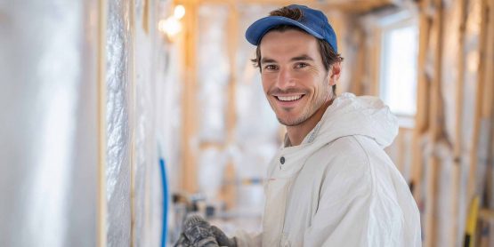 Header Lächelnder Handwerker arbeitet an Wanddämmung.