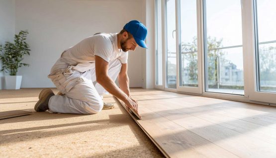 Bild-1 Handwerker verlegt Boden über Trittschalldämmung aus Kork.