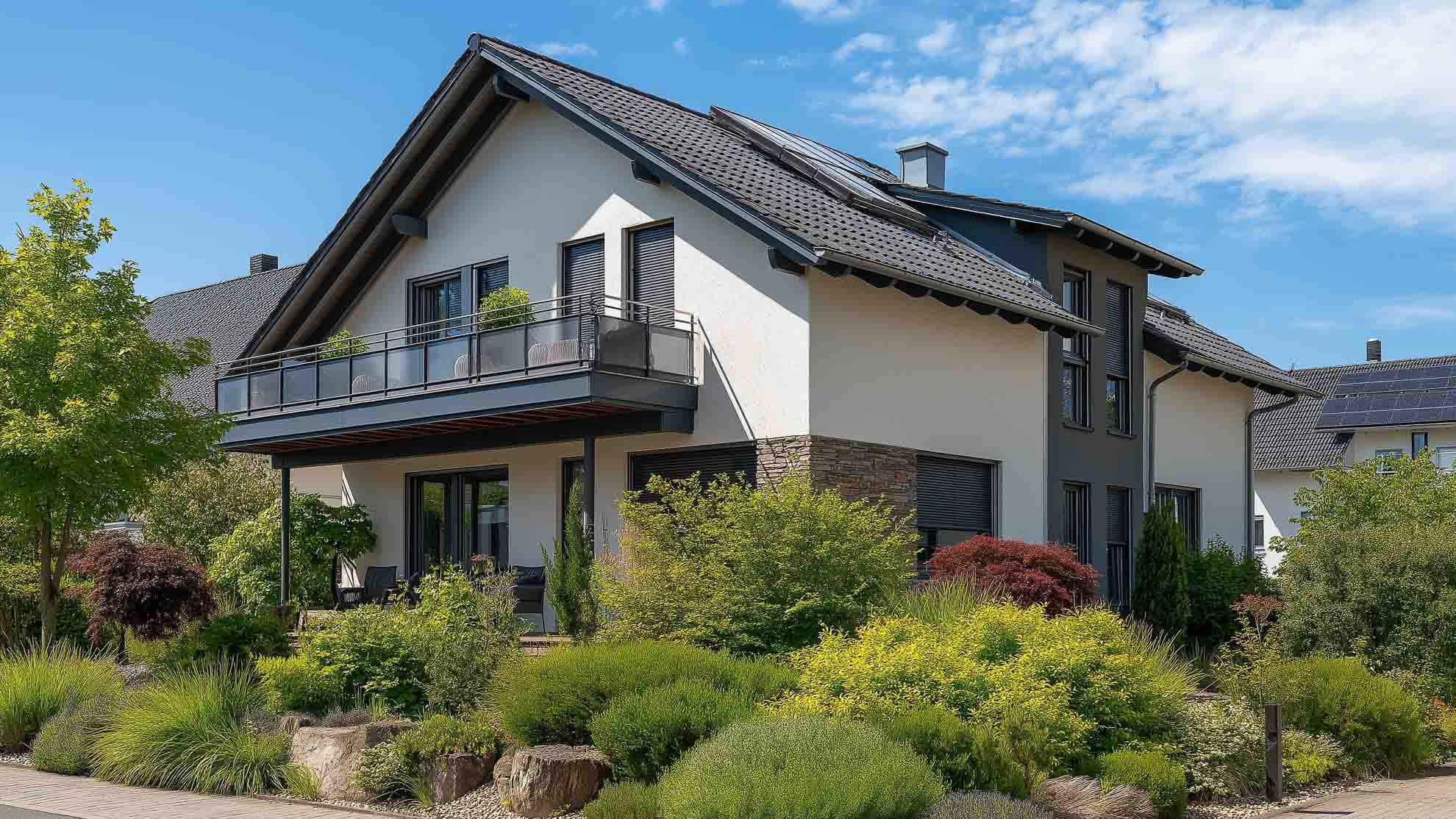 Haus mit grünem, stark bewachsenem Garten.