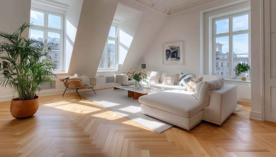 Helles Wohnzimmer mit Laminatboden in Holzoptik.