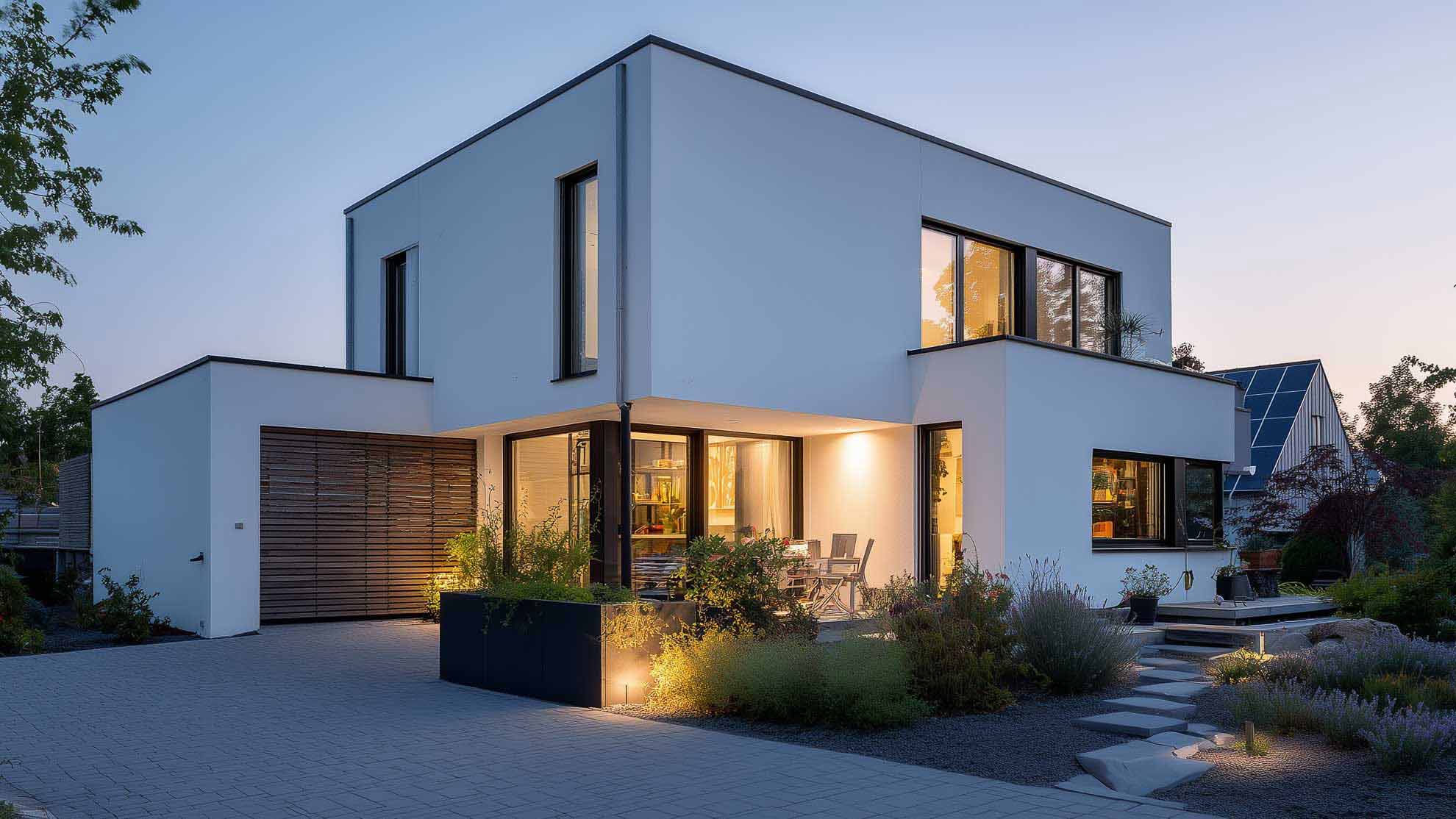 Kubisches Haus mit verschiedenen Wohnmodulen.