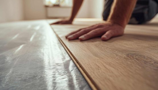 Nahaufnahme eines Handwerkers, der Laminatboden verlegt.