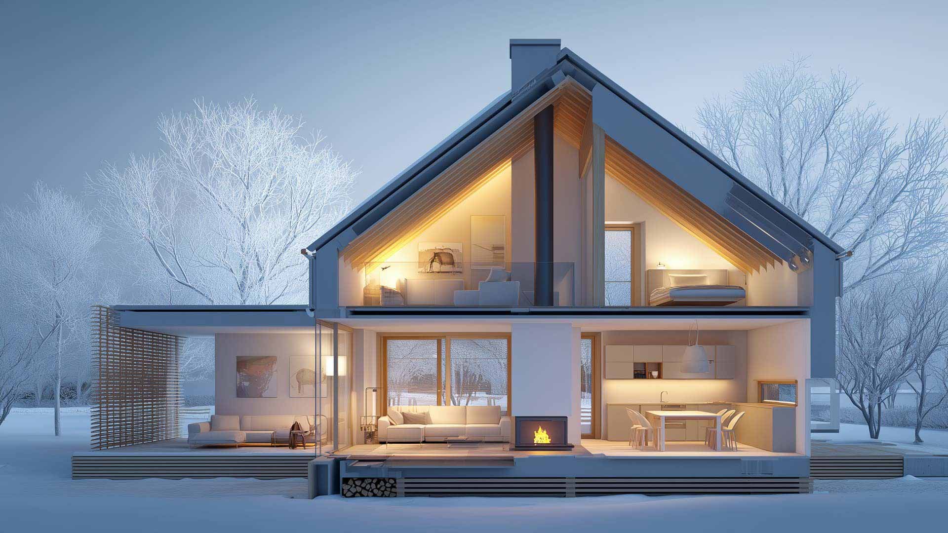 Bild-2-dach Querschnitt eines Einfamilienhauses mit Wohnräumen im Dach.