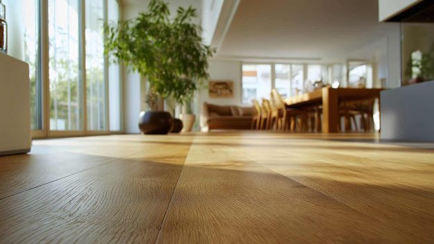 Nahaufnahme eines Laminatbodens in Holzoptik.