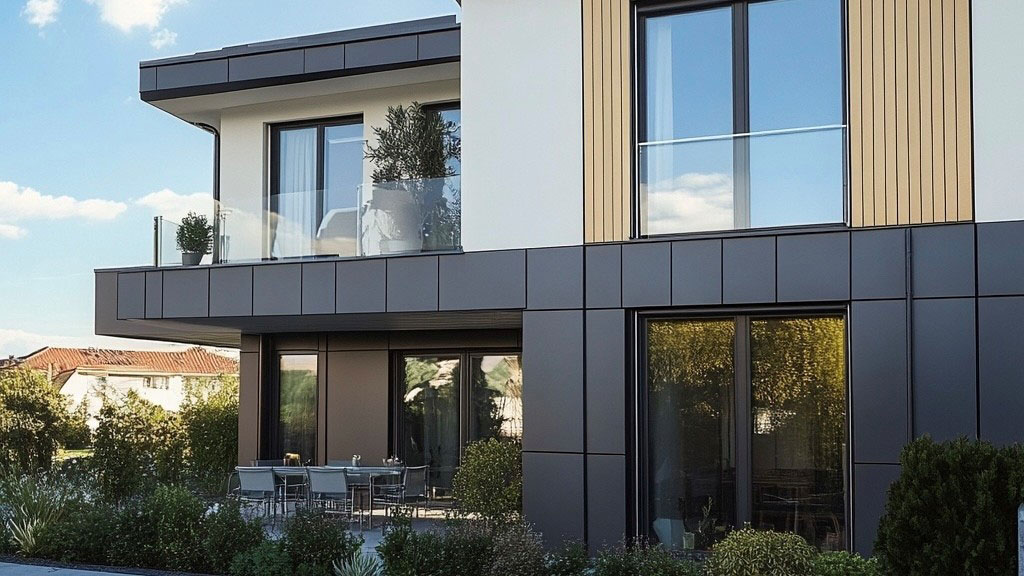 Modernes Einfamilienhaus mit vielen Glaselementen.