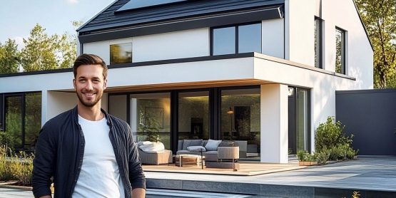 Header Lächelnder Mann steht vor modernem Neubau-Einfamilienhaus.