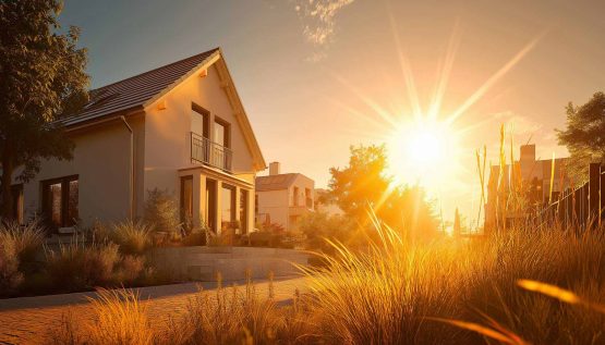 Einfamilienhaus-Siedlung mit starkem Sonnenschein.