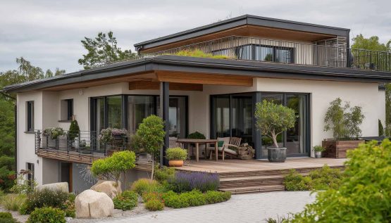 Einfamilienhaus mit Flachdach und begrünter Terrasse.]