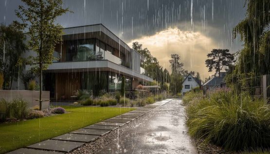 Wolken und Starkregen in Häusersiedlung.