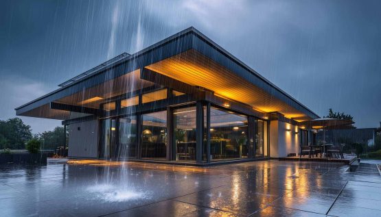 Einstöckiges Haus mit Flachdach im Starkregen.