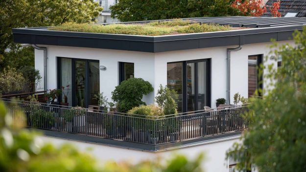 Header Flachdach mit Bepflanzung.